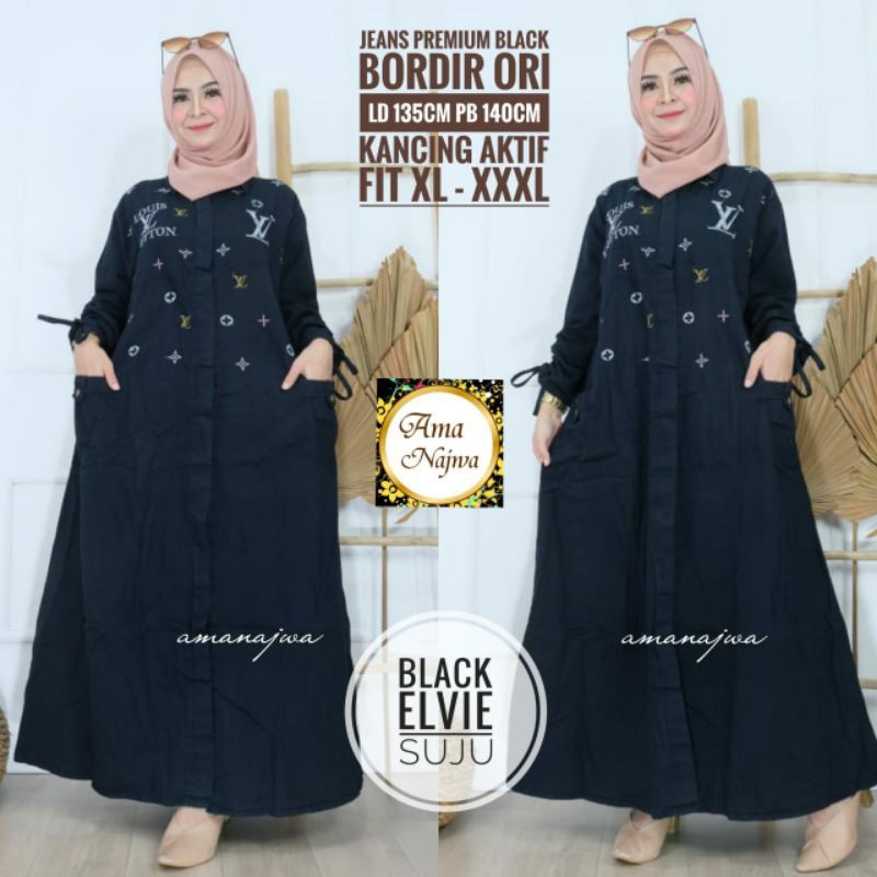 Baju Wanita Dress Jeans Gamis Bordir LD 135 Maxi Dress Jeans Jumbo Big Size Wanita Muslim Ori Jeans