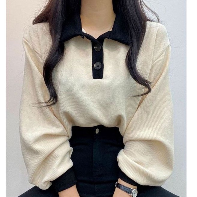 sweater wanita - Collar Girl Sweater Oversize - sweeter wanita korean style