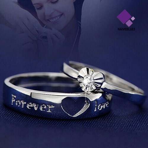 Naiveblue &gt; Cincin Pasangan Lapis Silver Motif Tulisan Forever Love Aksen Zircon Adjustable Untuk Pria / Wanita