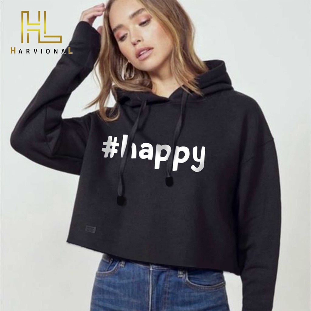 SWEATER CROP HOODIE HAPPY BAHAN FRENCHTERRY TERLARIS