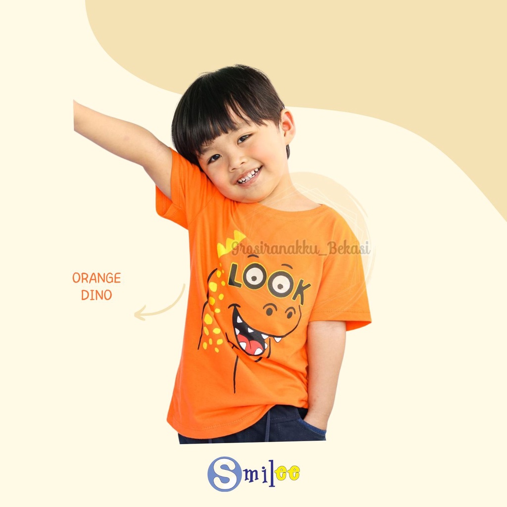 Kaos Anak Cowok Smilee Murah Orange Dino Size 1-5Tahun