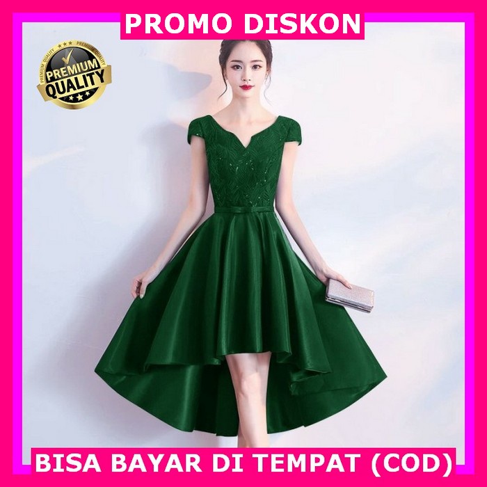 Baju Dress Pesta Natal Wanita Remaja Korea Party Kondangan Murah  OW100 Dres Citra Hijau Botol Dres