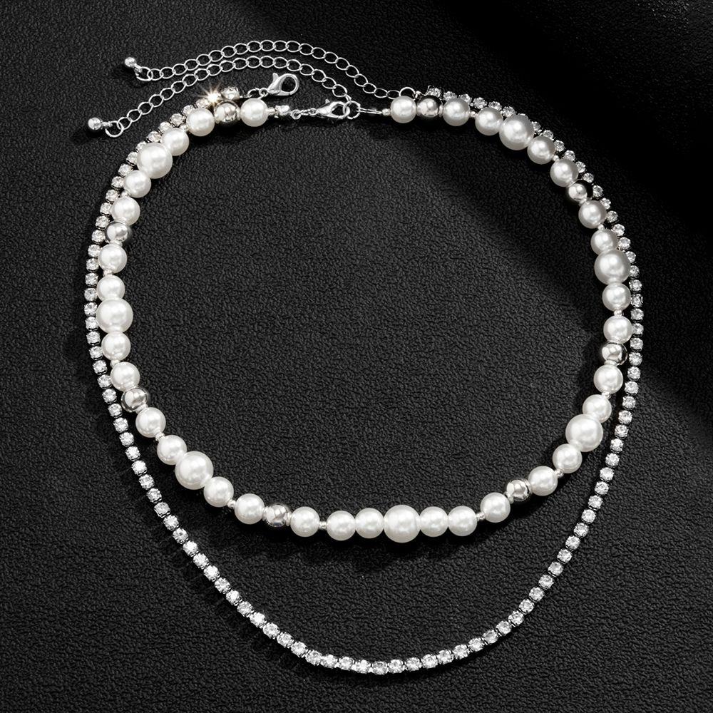 Agustina Pria Neckalce Shinny Unisex Mutiara Double-Layer Punk Berlian Imitasi Fashion Perhiasan