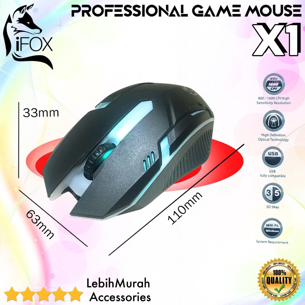 Mouse Kabel Gaming X1 IFOX LED Cable Mouse Game RGB Colorful 7 LED light