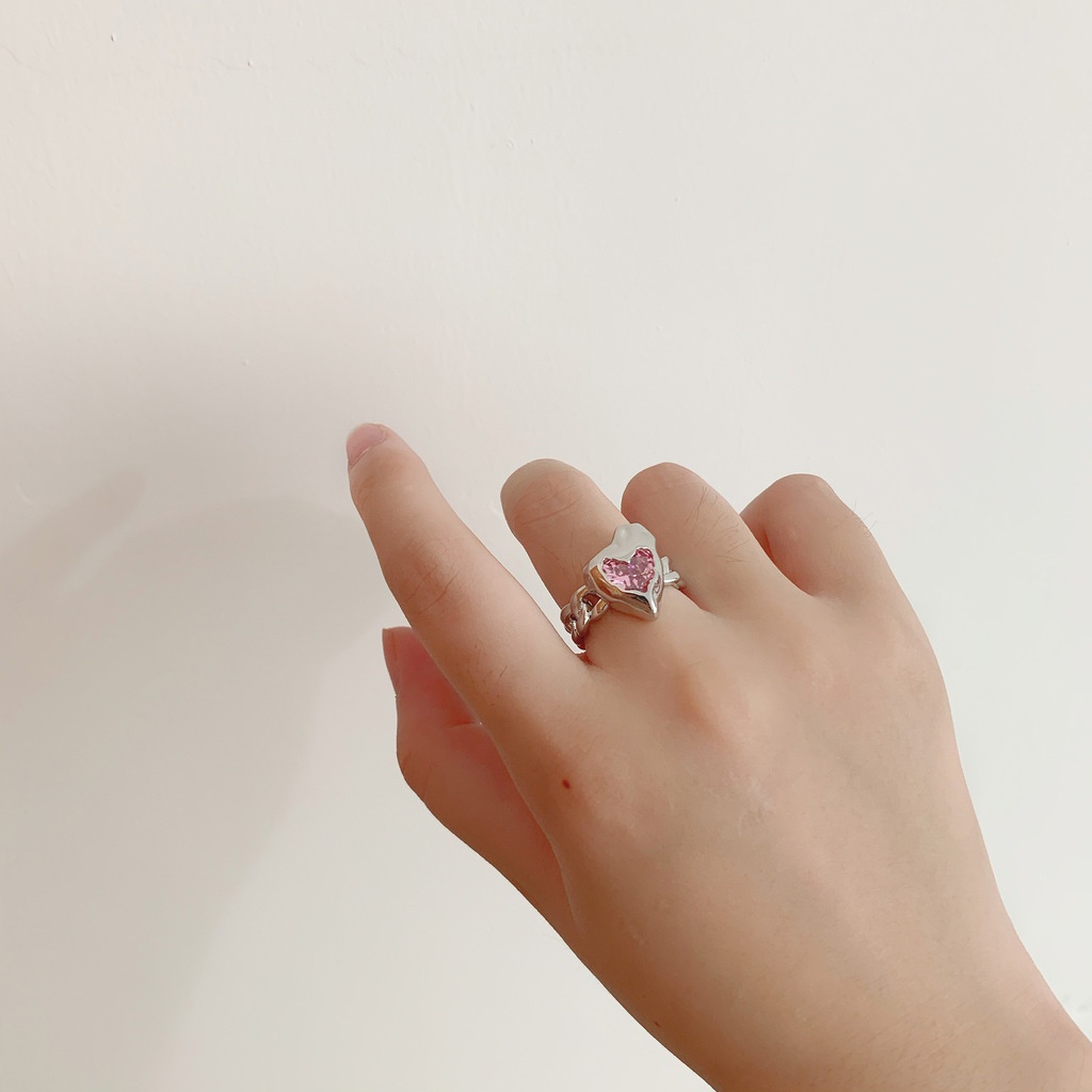 Cincin Model Terbuka Desain Hati Hias Batu Permata Warna Pink Serbaguna Untuk Wanita