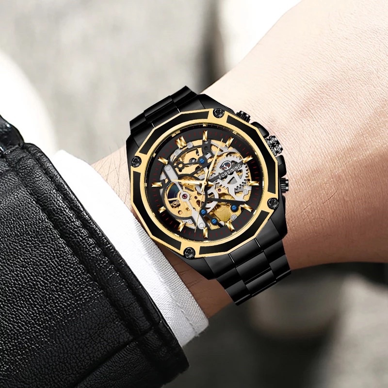 Jam Tangan Pria Forsining Original Mekanik Otomatis Bisnis Luxury Skeleton Black Stainless Steel