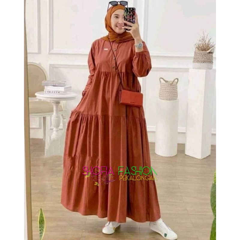 Gamis midi kirania | gamis midi polos kancing | gamis busui