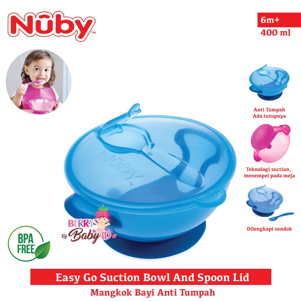 Nuby Easy Go Suction Bowl &amp; Spoon Mangkok Travel Makan Bayi Anak Berry Mart