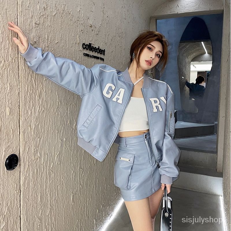 [✅BISA COD] #Sisjuly# Jaket Kulit Wanita Seragam Bisbol Mantel Pendek Setengah Rok Set