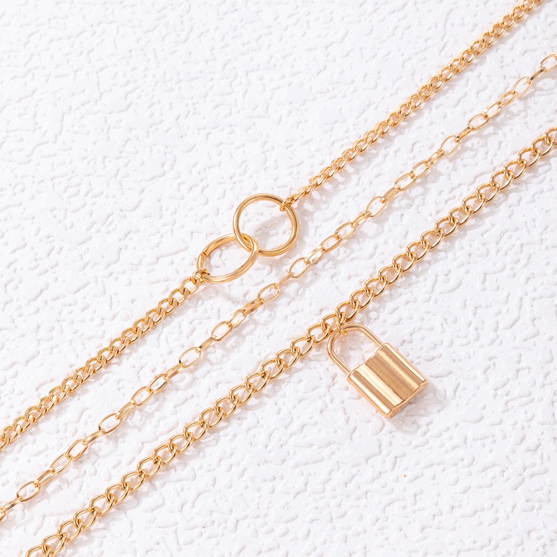 2022 Kalung Rantai alloy Tiga Lapis Dengan Liontin Gembok Geometris Untuk Wanita