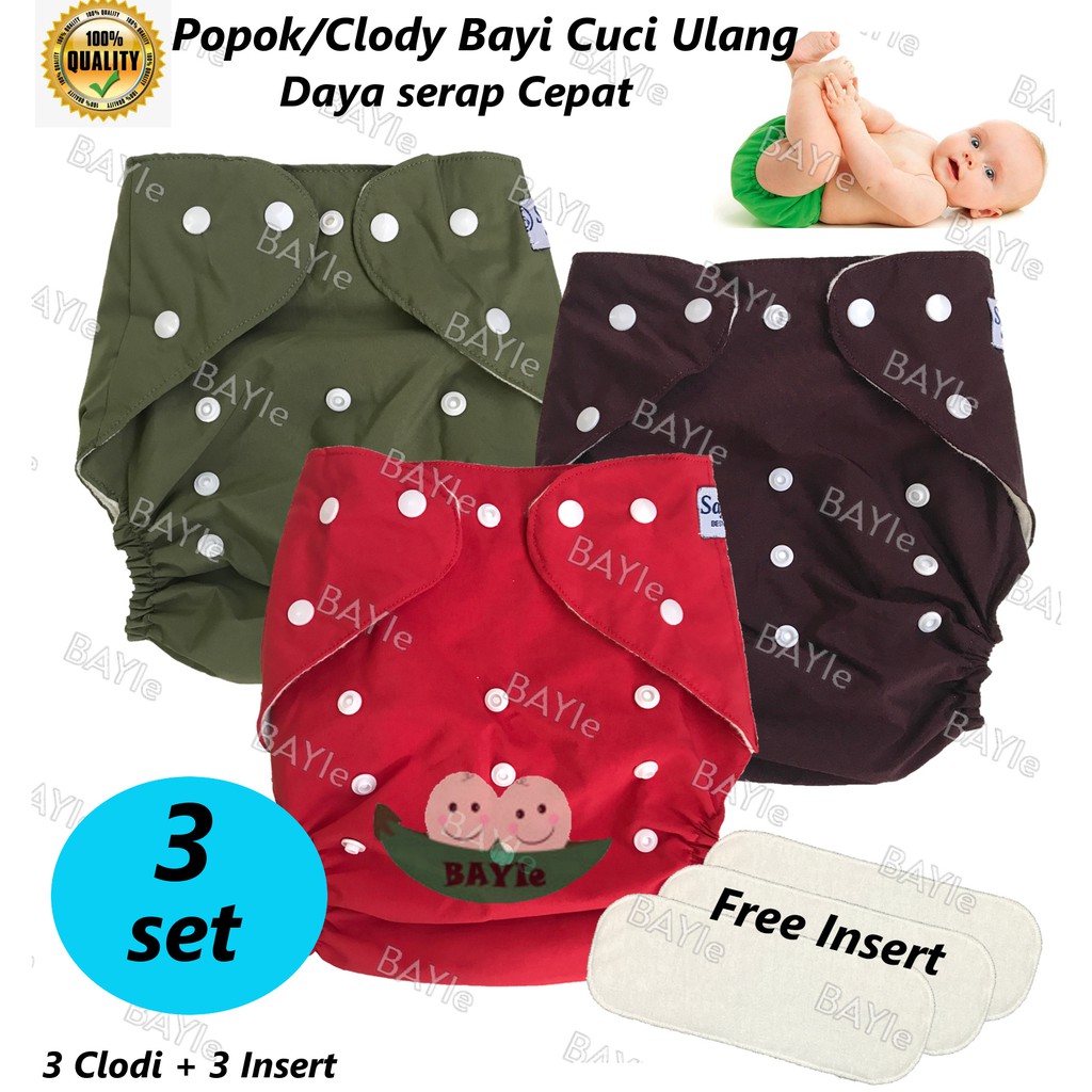 3 Pcs Clodi/Popok Celana Bayi Kain Cuci Ulang/Baby Diaper Pant/Celana Lampin Free Insert 0-3 tahun