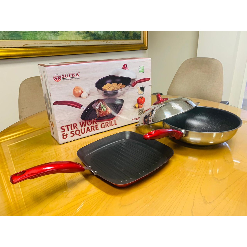 Wajan Penggorengan Set Stir Wok 28cm + Tutup &amp; Square Grill 27 cm