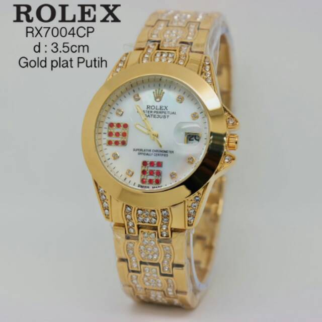 Jam Tangan Wanita Rolex Date Rantai Diamond Gold White KW Super