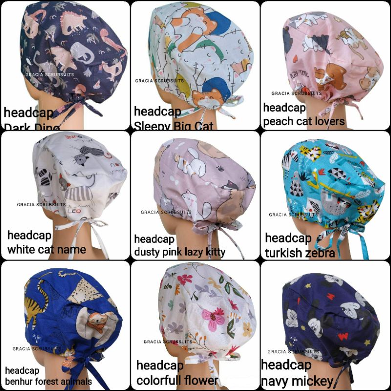 READY STOCK - GRACIA SCRUBSUITS head cap medis/ headcap medis / surgical cap / topi bedah motif lucu MURAH animal series