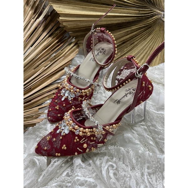 sepatu wanita Zaneta merah marron payet gold tali 7cm kaca