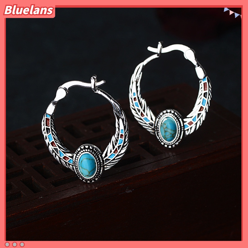 Anting Hoop Juntai Bentuk Bulu Aksen Turquoise Tiruan Gaya Vintage Untuk Wanita