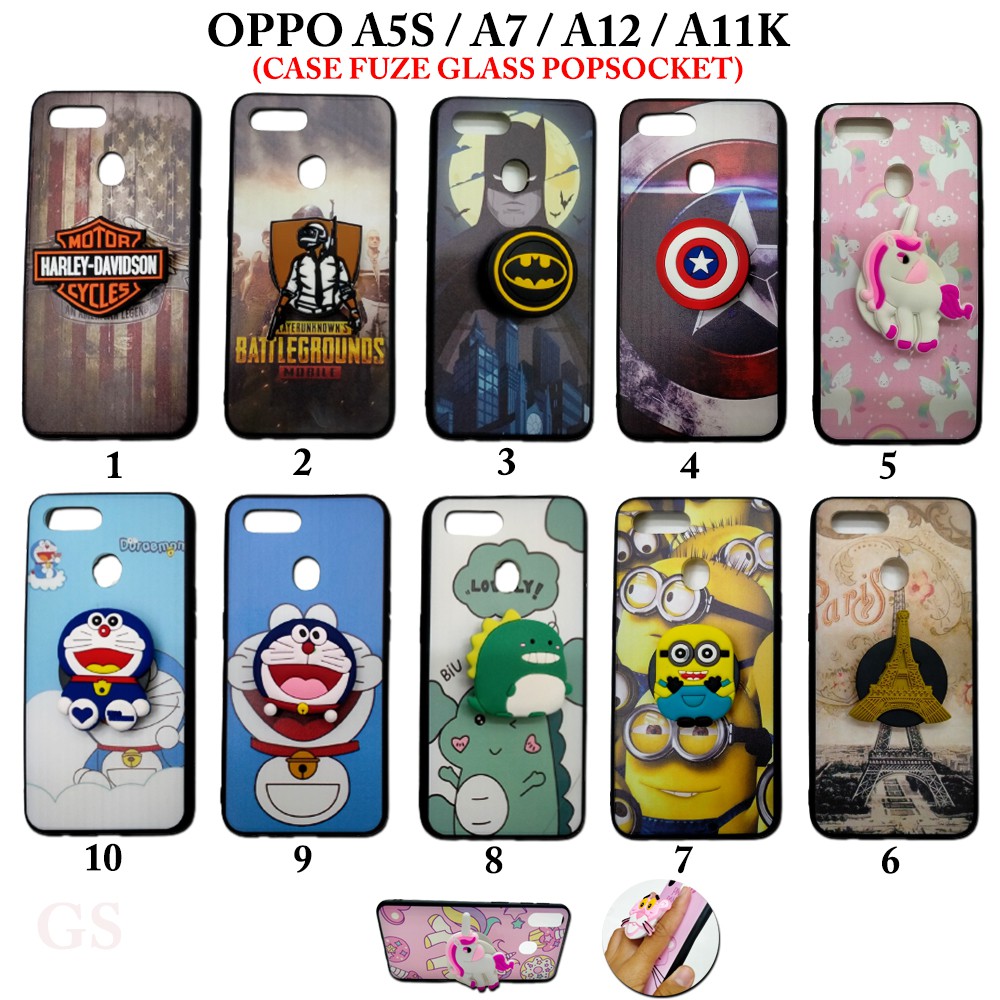 CASE OPPO A5S A7 A12 A11K Case Fuze Glass Popsocket Karakter