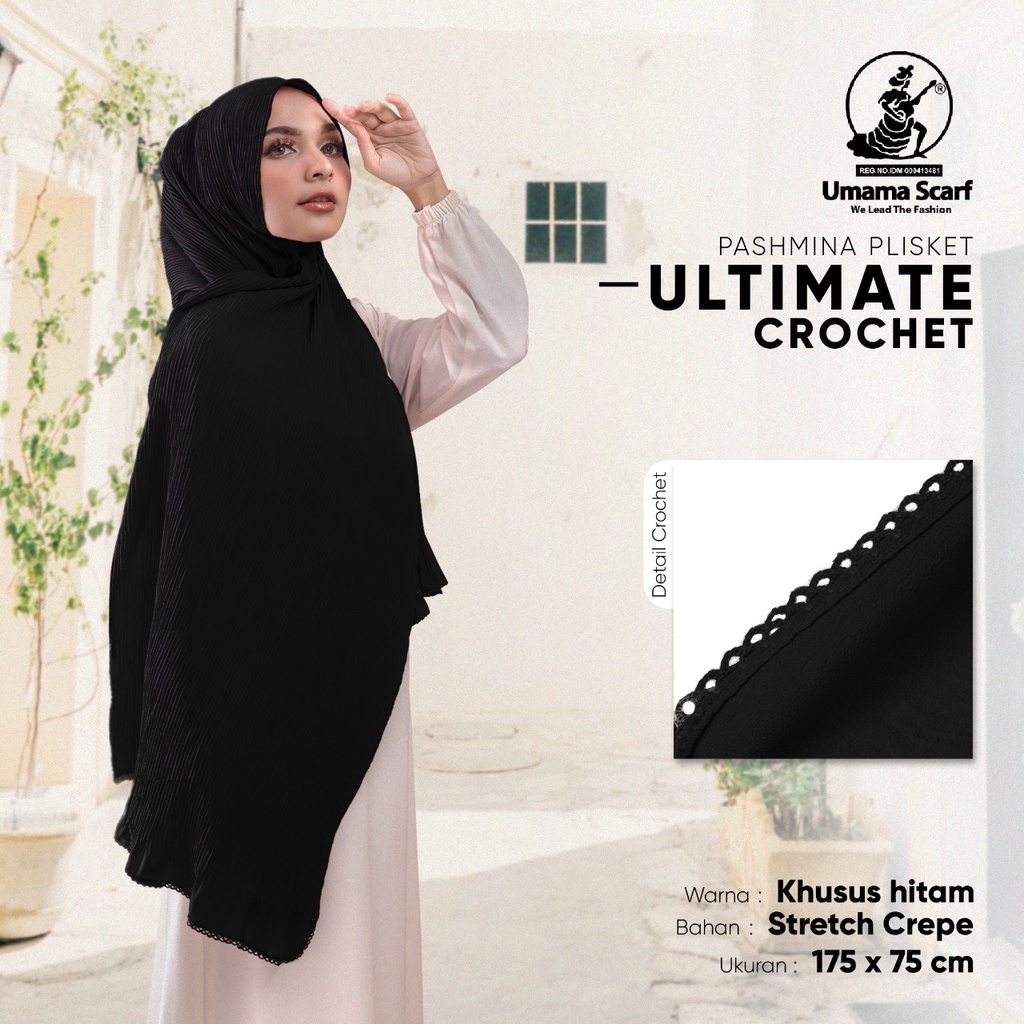 Umama Pashmina PLISKET ultimate crochet KHUSUS HITAM jilbab kerudung bahan stretch CREPE