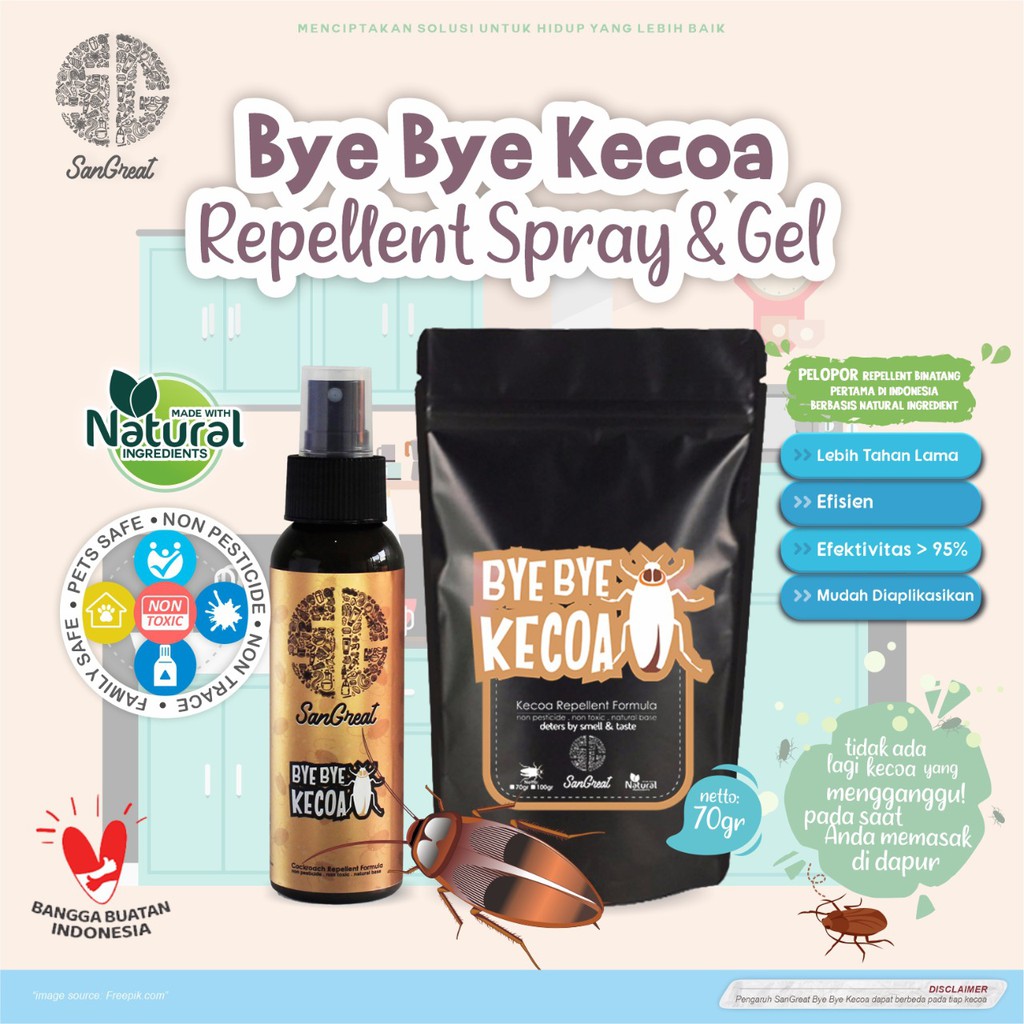 Bundling Anti Kecoak Pengusir Kecoa gel 70 gr dan spray 100 ml SanGreat bye bye kecoa cockroach repellent untuk dapur, rumah, mobil