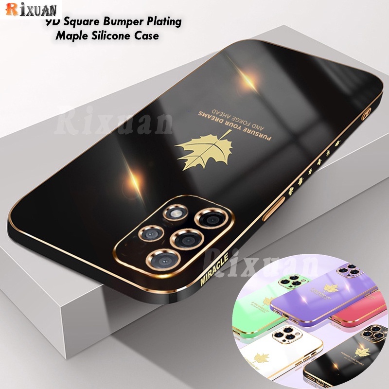 Casing Samsung A14 A13 A03 A03S A22 A23 A53 A21S A12 A32 A52 A52S A72 A21S A20S A02S A10S A11 M11 M12 Fashion Electroplated Maple Leaf Square Plating Casing Silikon Lembut Rixuan