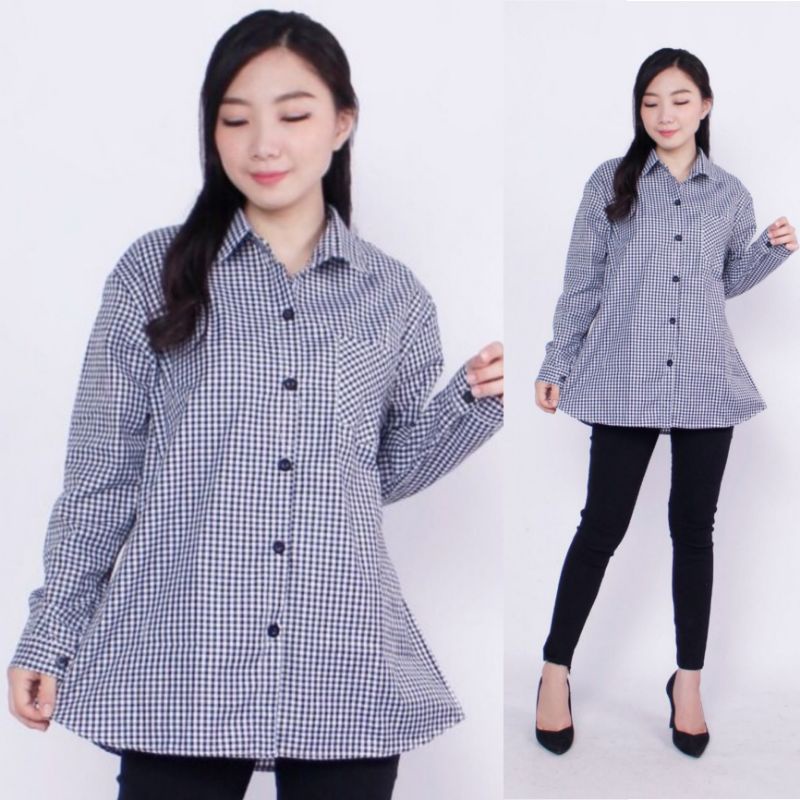 Kemeja Wanita Basic Lengan Panjang Katun Kotak Trendy/ Atas Wanita-Hitam