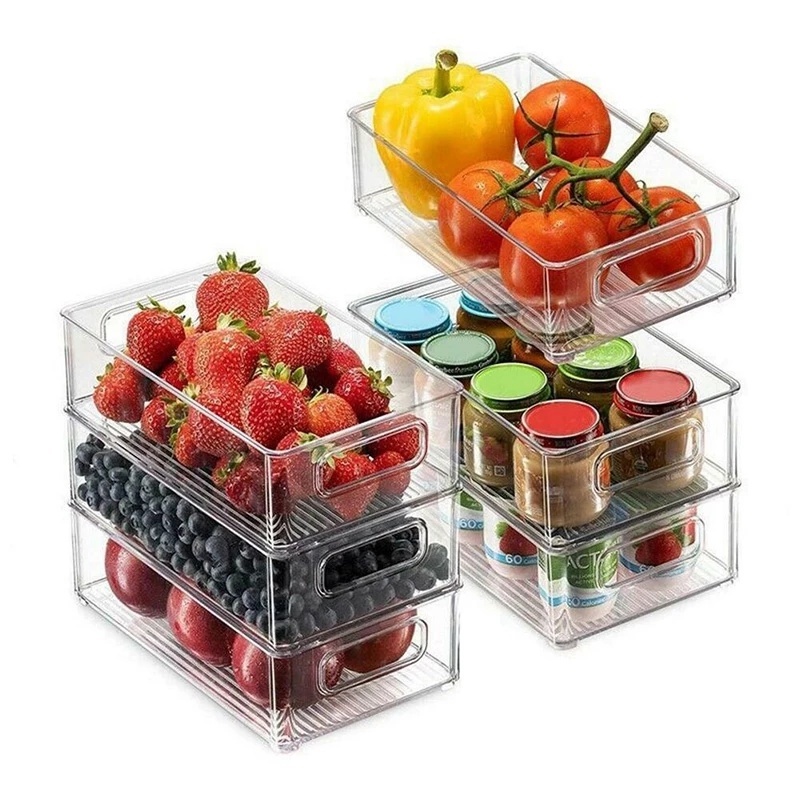 1PCS Refrigerator Organizer Stackable Boxes With Cutout Clear Plastic Handle Kitchen Organizer Accessories ,for Fridge, Kitchen, Pantry, Cabinets, Cosmetics and Countertops