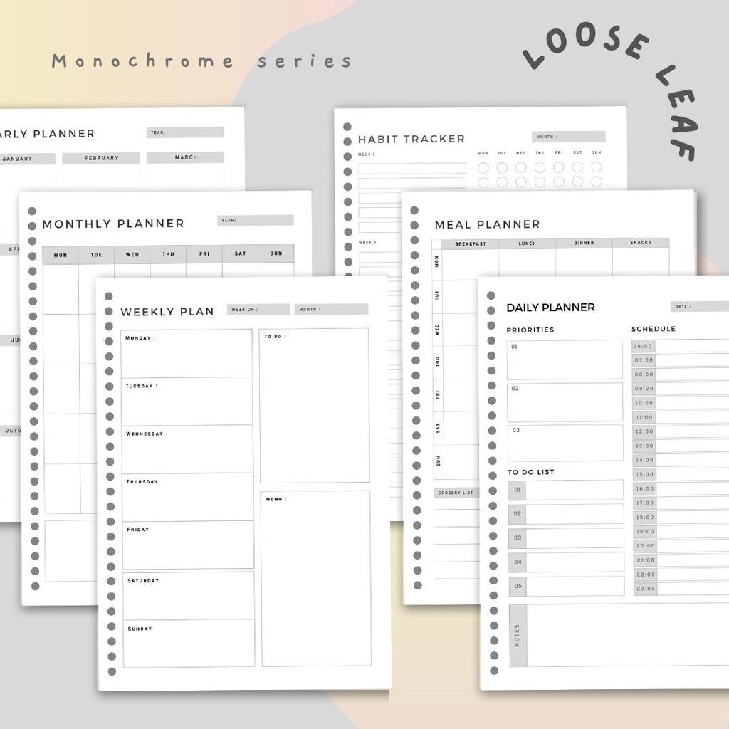 

Loose Leaf / Isi Binder Solucine - 12 Lembar - A5 / B5 - Monochrome 1 Series - Yearly Planner / Monthly Planner / Weekly Planner / Daily Planner / Meal Planner / Habit Tracker / Study Planner / To do List / Shopping list