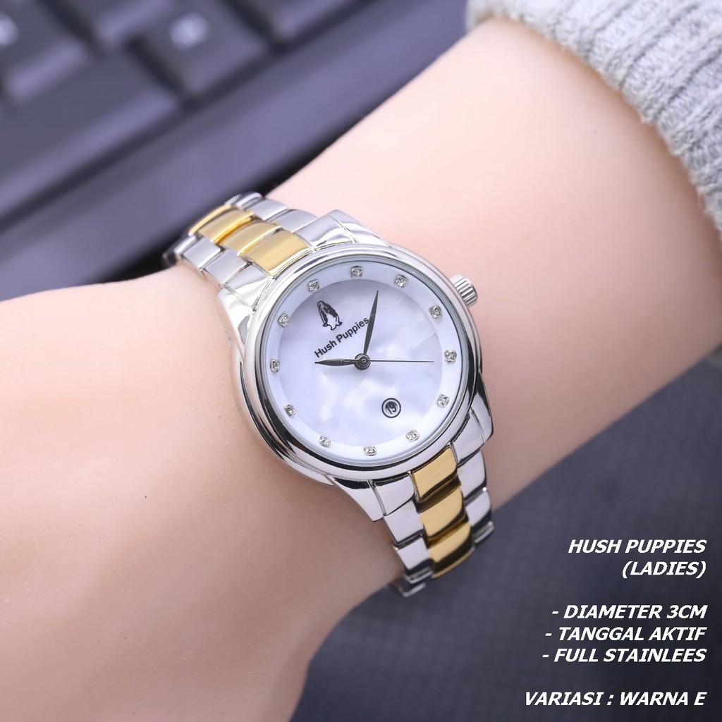 JAM TANGAN WANITA HUSH PUPPIES RANTAI BODY BULAT TANGGAL AKTIF