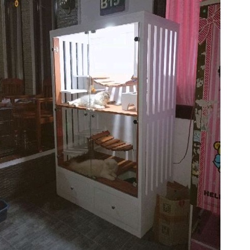 kandang kucing kayu pintu kaca finishing duco / kandang kucing minimalis lengkap dengan scratch dan 