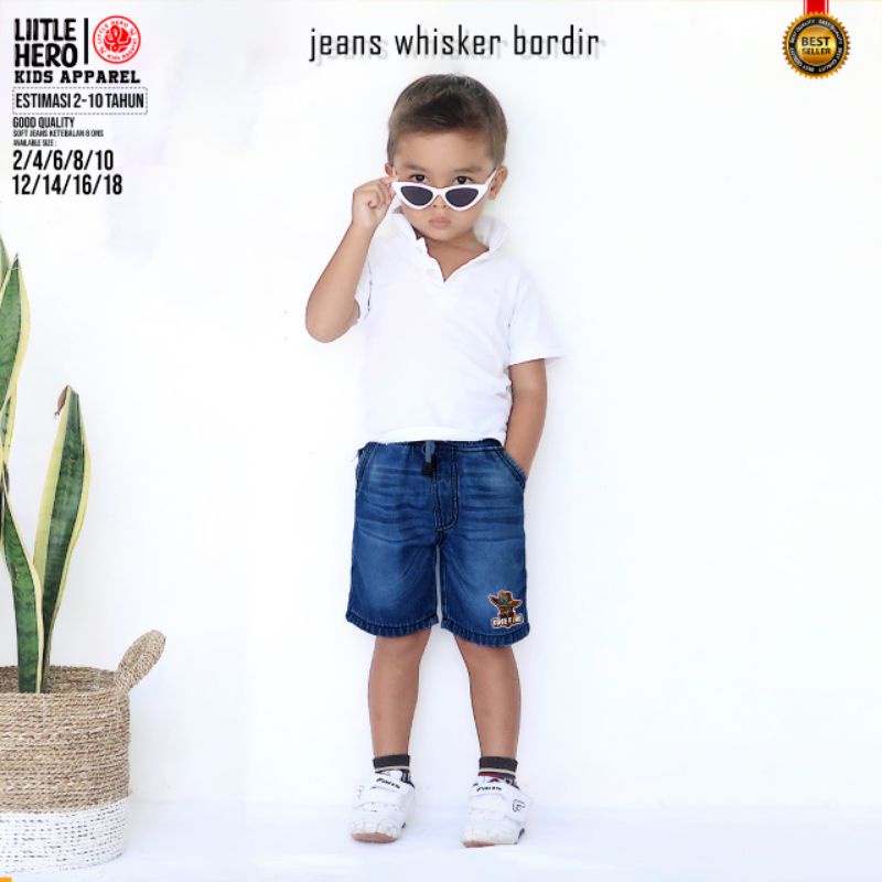 (1-10 Tahun) Celana Jeans Whisker Bordir Pendek Anak Laki Laki Cowok Freefire Little Hero 1 2 3 4 5 6 7 8 9 10 Tahun