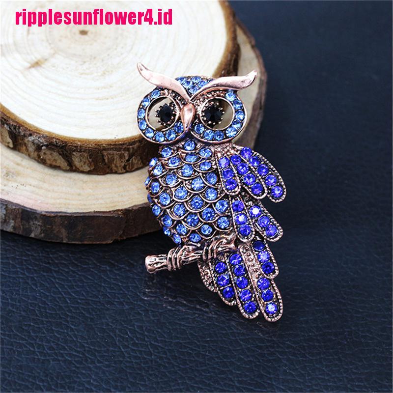 Bros Pin Bentuk Burung Hantu Warna Emas Aksen Berlian Imitasi Biru Gaya Vintage Untuk Pernikahan