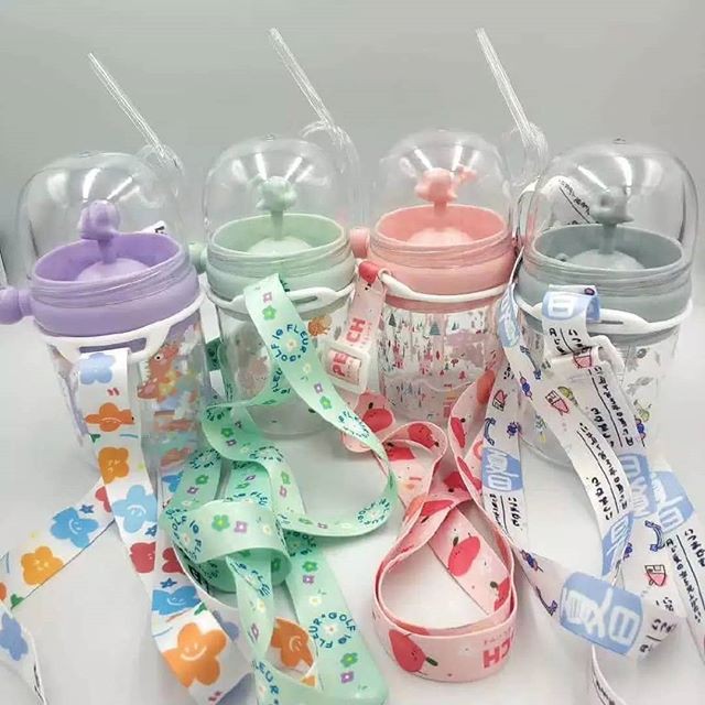 Botol Minum Anak Air Mancur Motif Lumba-Lumba Non Tali / Tali / + Penutup Sedotan Children Pot 260ml