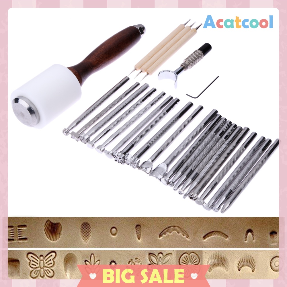 25PCS/Set Manual Leather Carving Stamp Hammer Embossing Beveler Tools Kit