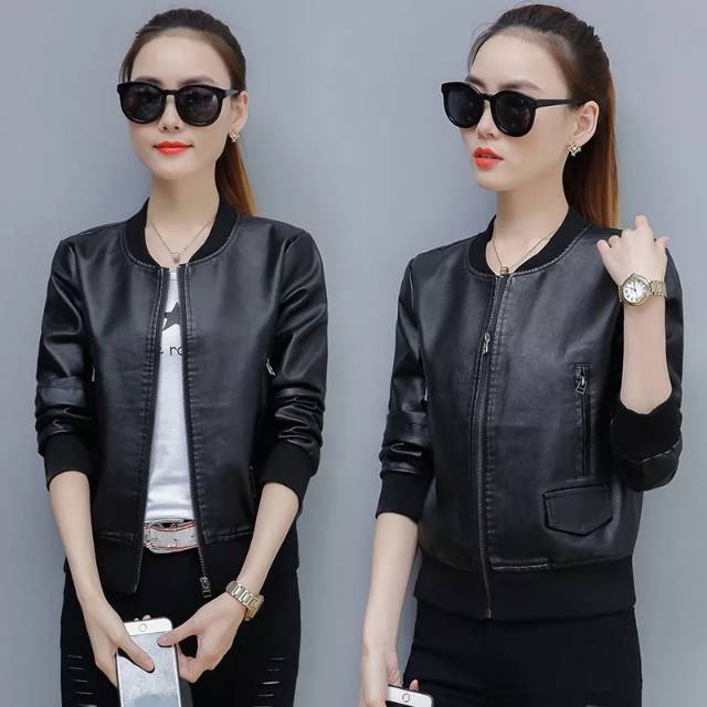 Jaket wanita kulit semi pu sintetis kirim gugur