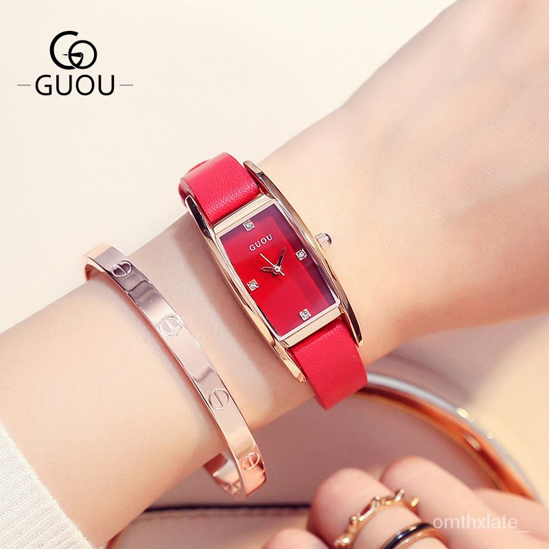 【Factory Outlet】GUOU  Kecil Square Watch Belt Wanita Berjaga-jaga Watch Tonneau Kulit Asli Wanita Sabuk Kuar