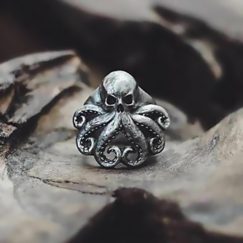 Cincin Bentuk Tengkorak Gurita Bahan Stainless Steel 316l Gaya Punk Gothic Untuk Pria