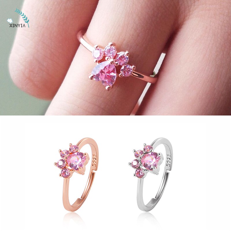 Cincin Lucu Kartun Pembukaan Adjustable Cat Paw Print Cincin Perhiasan Tembaga Dilapisi Wanita