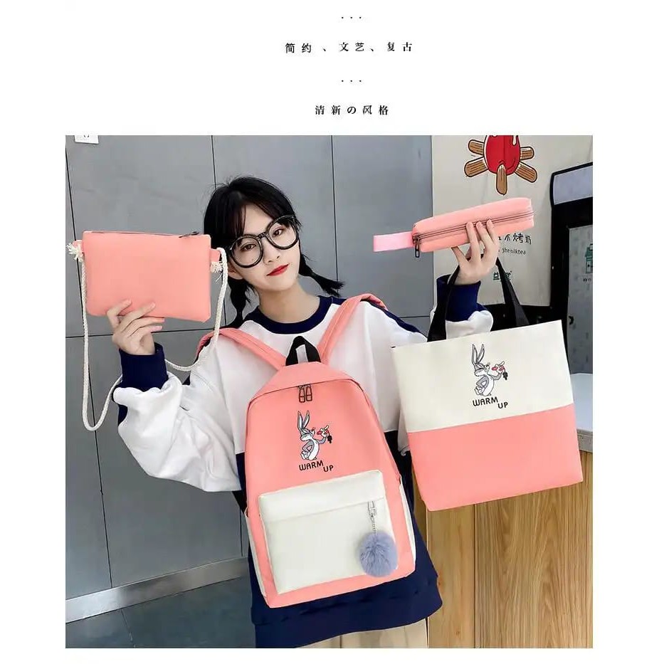 EL 6040 RISCE TAS 4IN1 RANSEL BUNNY IMPORT BLACK YELLOW GREEN PINK SEKOLAH SD SMP SMU WANITA CEWEK