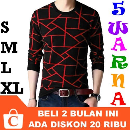 KAOS SWEATER TEBAL PRIA PANJANG POLOS SABLON GARIS HITAM MERAH CERAH BEST BRAND