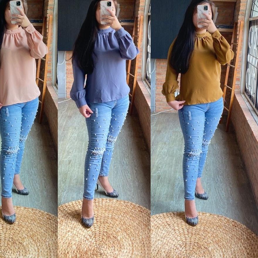 ☆ GU Uniqlo Longsleeve Stand Collar - Atasan Wanita Original Branded ➸