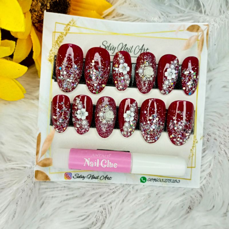 Kuku Palsu fake nails Wedding merah maroon / Kupal wedding / Fake Nail