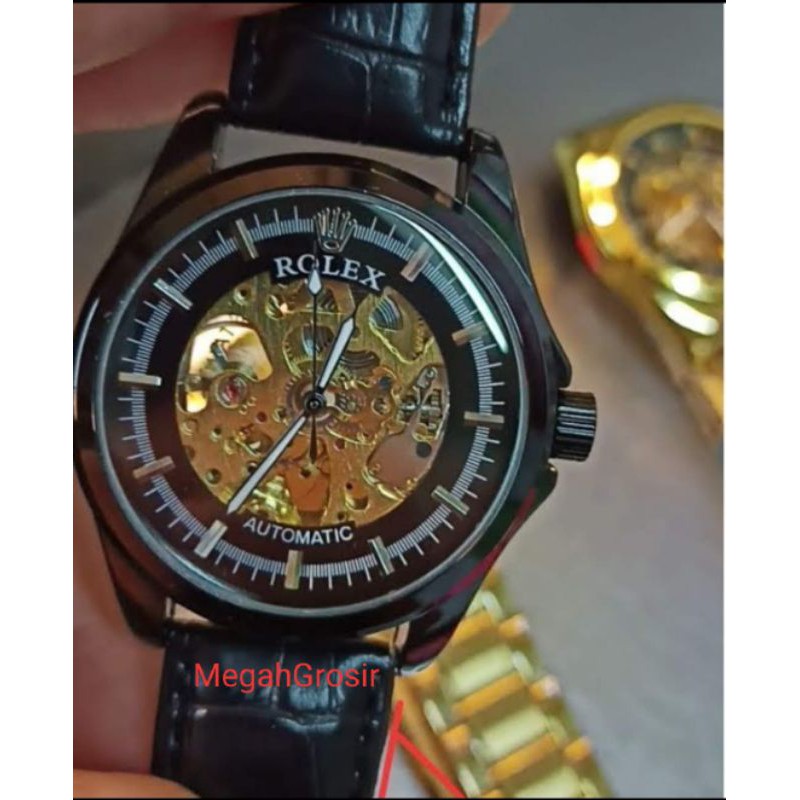 Jam Tangan Rolex Pria | Skeleton Chain | Rantai | Automatic | Otomatis | Romawi A Hitam | Fullblack