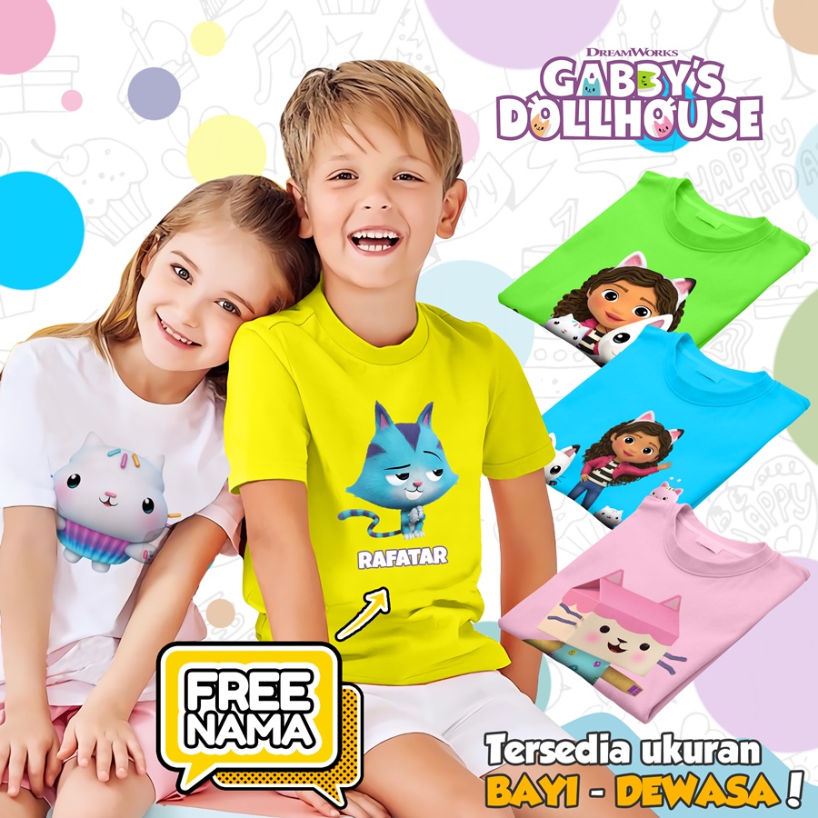 [FREE NAMA] Baju Kaos COUPLE  ANAK DAN DEWASA GABBY DOLLHOUSE BANYAK MOTIF