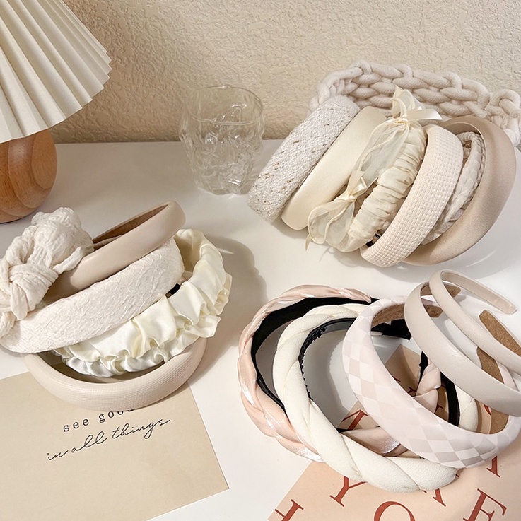 BANDO VARIASI PUTIH BANDANA KREM WHITE CREAM COLLECTION HEADBAND HAIR BAND KAIN POLOS KOREA PADDED BENDO MOTIF GARIS BUNGA BULU LEMBUT LEBAR WIDE