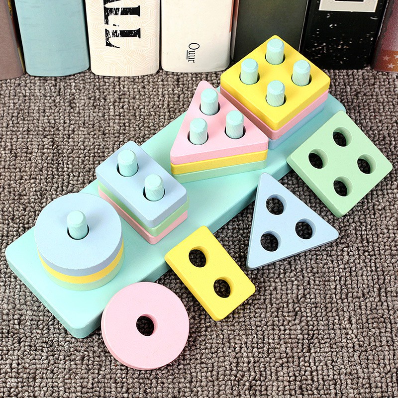 Montessori 3D Puzzle Stacking Warna Wooden Toy Matching Shape Mainan Mainan Anak 2 Tahun Puzzle Kayu