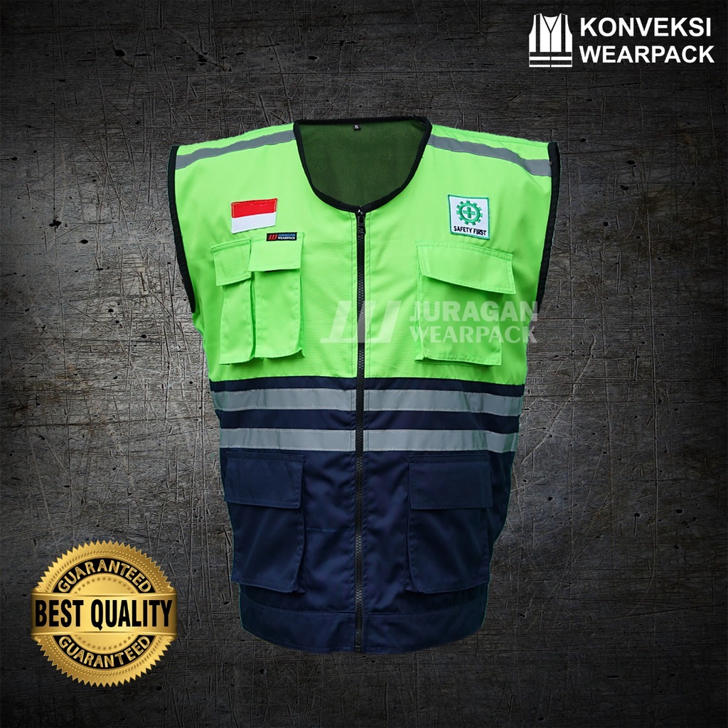 Rompi Safety K3 Warna Hijau Stabilo Kombinasi Biru Navy