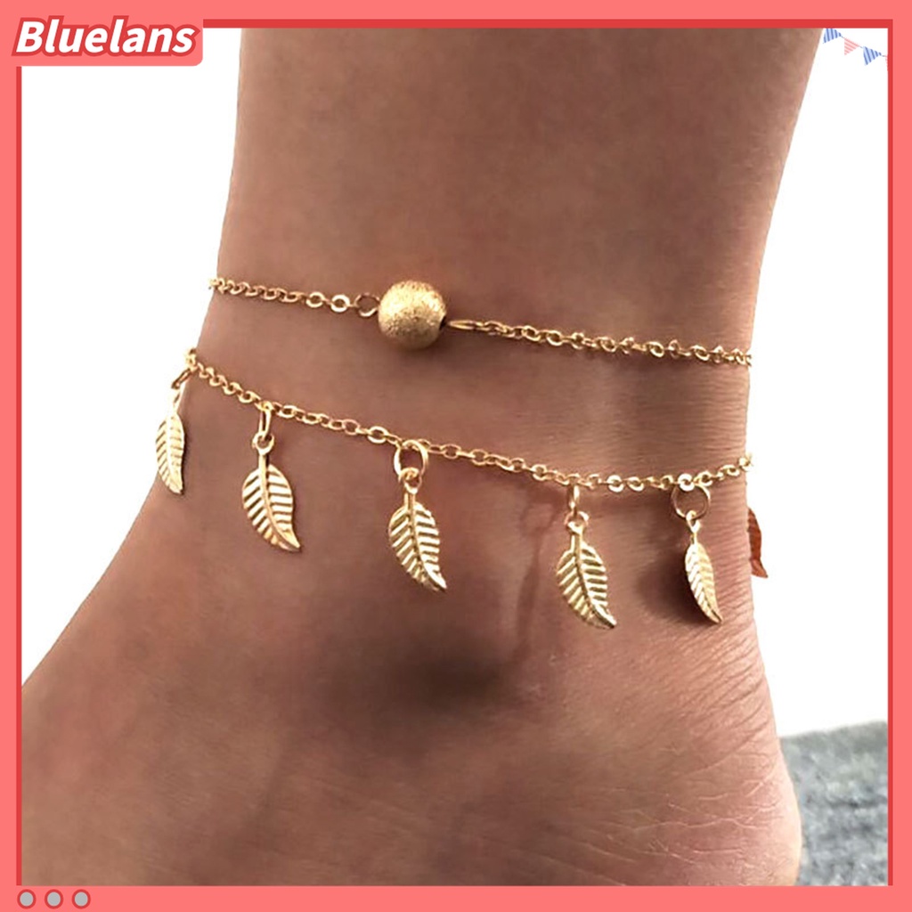 Gelang Kaki Rantai Dua Lapis Adjustable Dengan Liontin Daun Untuk Wanita