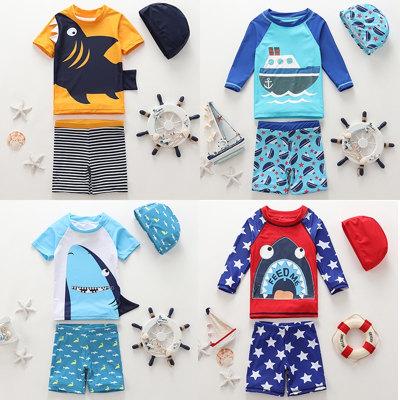 Baju renang anak dan topi renang import motif shark