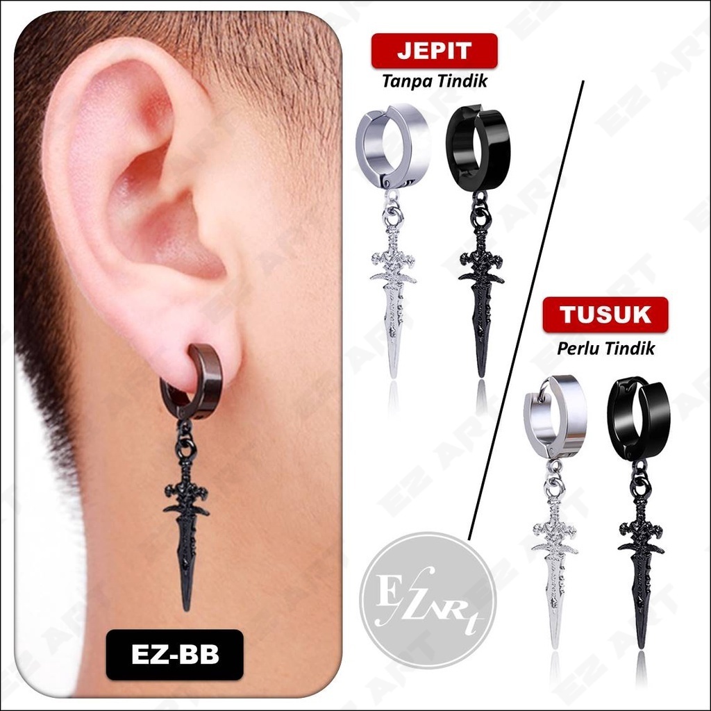 [EZ Art] 1Pc Model EZ-BB Anting Gantungan PEDANG SWORD Warna Hitam Silver Pria dan Wanita Jepit Tusu