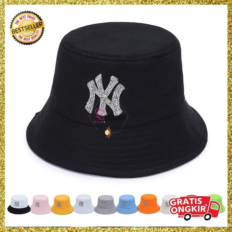 Bucket Hat Wanita Pria Korea Aksen Logo NY Kristal Bordir Fashion Hip Hop Trendy Kualitas terbaik BKAB